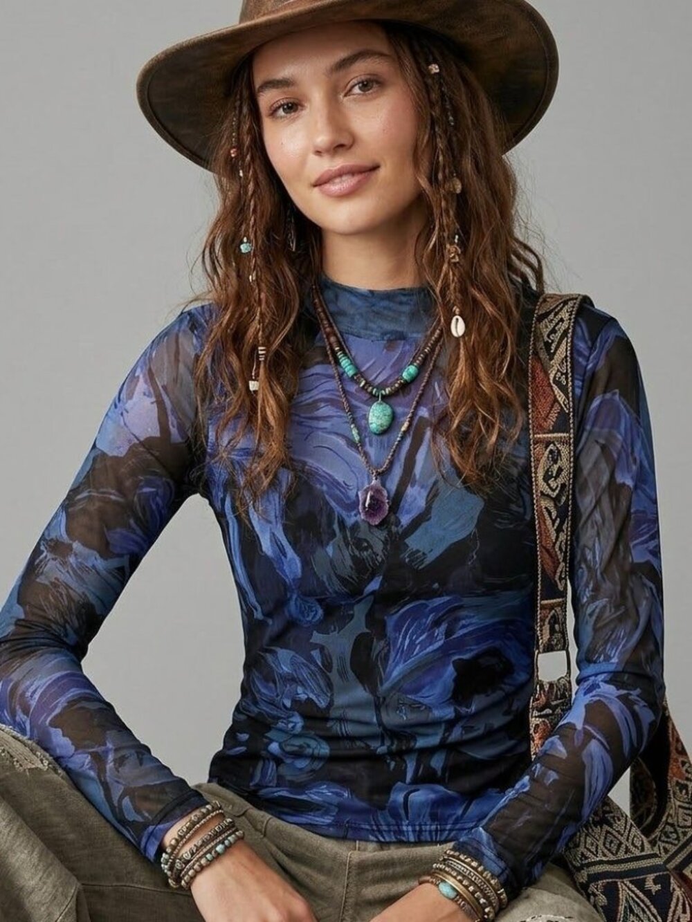 Prabal Gurung Collective Blue Sheer Floral Mesh Long Sleeve Top L